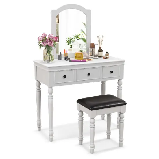 Costway Vanity Table Set Makeup Desk Cushioned Stool 3 Drawer Large Mirror White/Walnut {7}