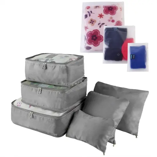 9Pcs Clothes Storage Bags Water-Resistant Travel Luggage Organizer Clothing Packing Cubes Grey {1}