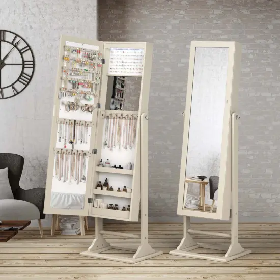 Costway Jewelry Cabinet Full-Length Mirror Lockable Jewelry Armoire with 6 Lights Beige/Natural {9}