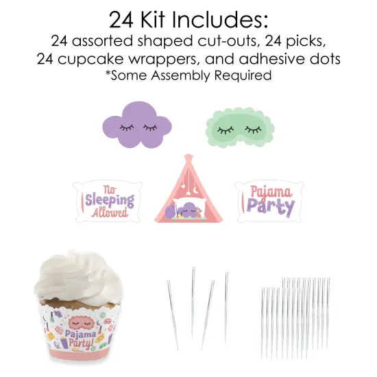 Big Dot of Happiness Pajama Slumber Party - Cupcake Decoration - Girls Sleepover Birthday Party Cupcake Wrappers and Treat Picks Kit - Set of 24 {6}