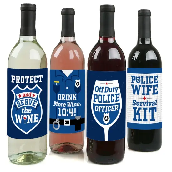 Big Dot of Happiness Calling All Units - Police - Cop Birthday Party or Baby Shower Decor for Women and Men - Wine Bottle Label Stickers - Set of 4 {1}