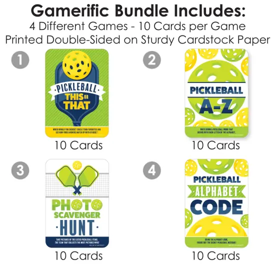 Big Dot of Happiness Let&rsquo;s Rally - Pickleball - 4 Birthday or Retirement Party Games - 10 Cards Each - Gamerific Bundle {4}