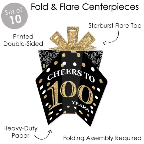 Big Dot of Happiness Adult 100th Birthday - Gold - Table Decorations - Birthday Party Fold and Flare Centerpieces - 10 Count {4}