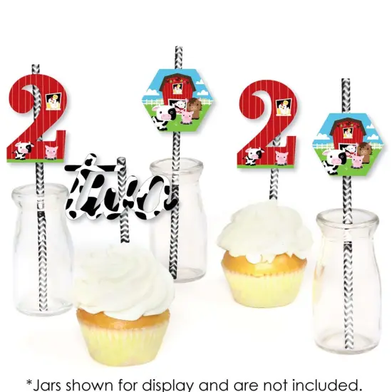 Big Dot of Happiness 2nd Birthday Farm Animals - Paper Straw Decor - Barnyard Second Birthday Party Striped Decorative Straws - Set of 24 {6}
