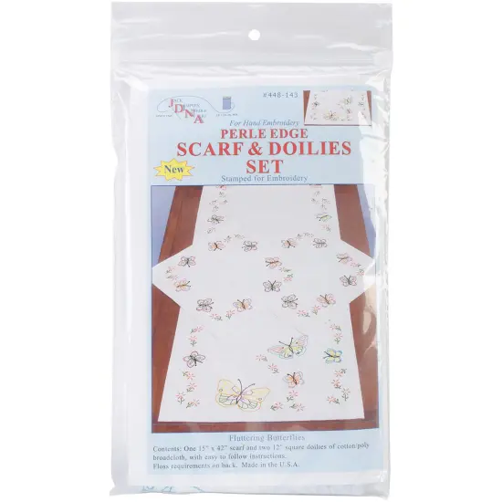 Jack Dempsey Stamped Dresser Scarf & Doilies Perle Edge-Fluttering Butterflies {1}