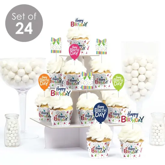 Big Dot of Happiness Cheerful Happy Birthday - Cupcake Decoration - Colorful Birthday Party Cupcake Wrappers and Treat Picks Kit - Set of 24 {3}