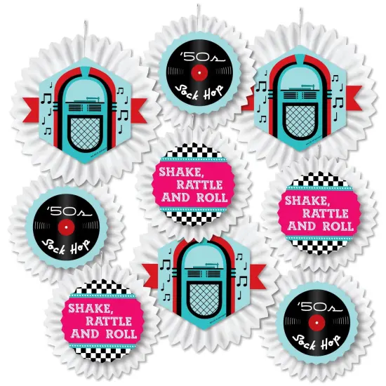 Big Dot of Happiness 50's Sock Hop - Hanging 1950s Rock N Roll Party Tissue Decoration Kit - Paper Fans - Set of 9 {3}