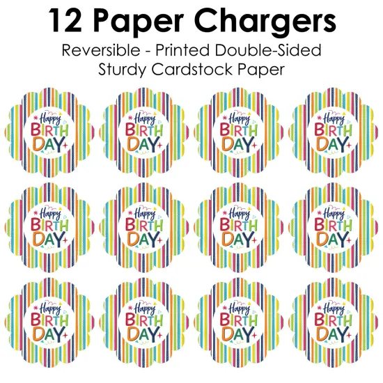 Big Dot of Happiness Cheerful Happy Birthday - Colorful Birthday Party Round Table Decorations - Paper Chargers - Place Setting For 12 {7}