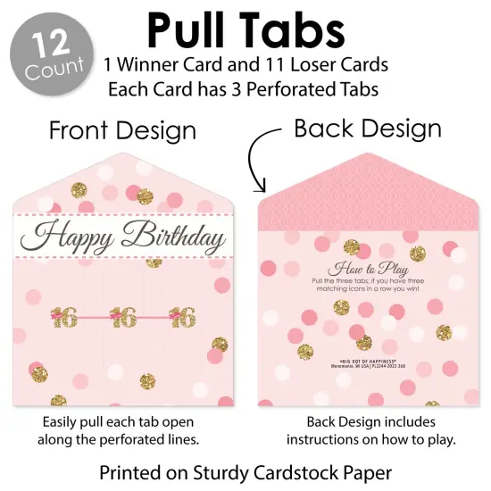 Big Dot of Happiness Sweet 16 - 16th Birthday Party Game Pickle Cards - Pull Tabs 3-in-a-Row - Set of 12 {6}