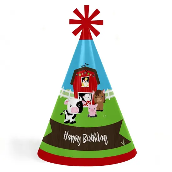 Big Dot of Happiness Farm Animals - Cone Happy Birthday Party Hats for Kids and Adults - Set of 8 (Standard Size) {1}