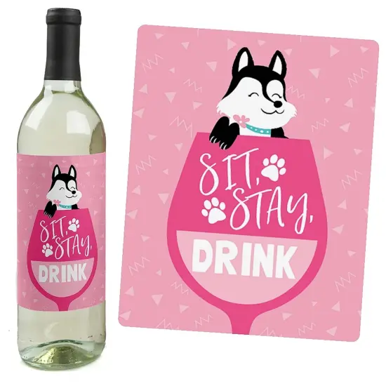 Big Dot of Happiness Pawty Like a Puppy Girl - Pink Dog Baby Shower or Birthday Party Decor for Women and Men - Wine Bottle Label Stickers - Set of 4 {6}