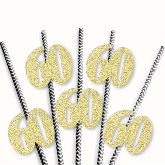 Big Dot of Happiness Gold Glitter 60 Party Straws - No-Mess Real Gold Glitter Cut-Out Numbers & Decorative 60th Birthday Party Paper Straws - 24 Ct {4}