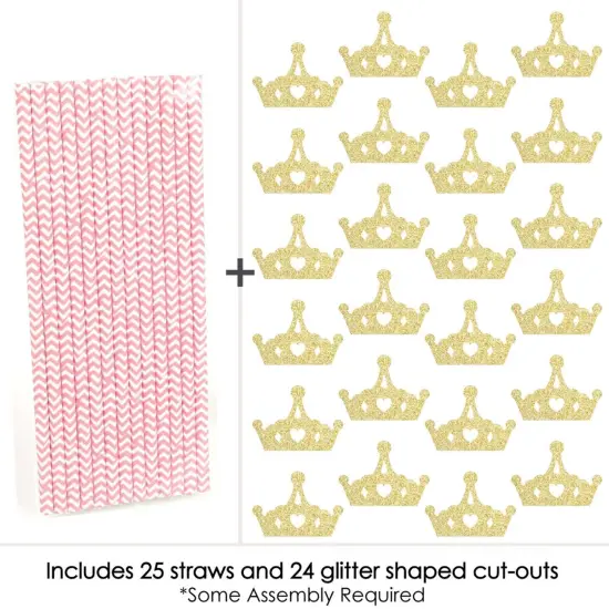 Big Dot of Happiness Gold Glitter Princess Crown Party Straws - No-Mess Real Glitter Cut-Outs & Baby Shower or Birthday Party Paper Straws - Set of 24 {6}