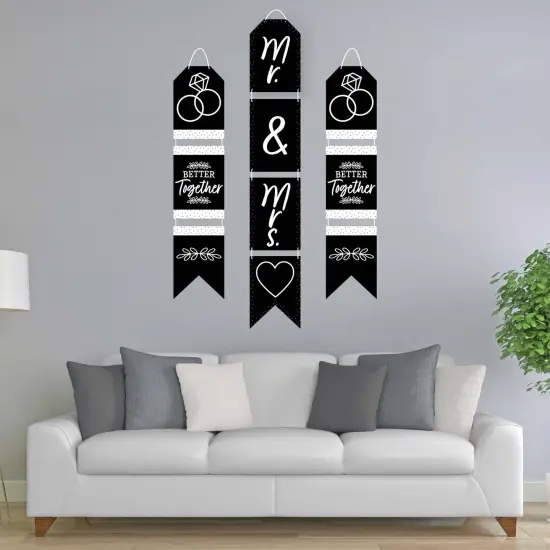 Big Dot of Happiness Mr. and Mrs. - Hanging Vertical Paper Door Banners - Black & White Wedding, Bridal Shower Wall Decoration Kit - Indoor Door Decor {3}