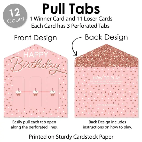 Big Dot of Happiness Pink Rose Gold Birthday - Happy Birthday Party Game Pickle Cards - Pull Tabs 3-in-a-Row - Set of 12 {6}