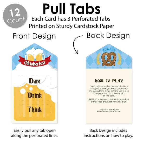 Big Dot of Happiness Oktoberfest - Beer Festival Game Pickle Cards - Dare, Drink, Think Pull Tabs - Set of 12 {4}