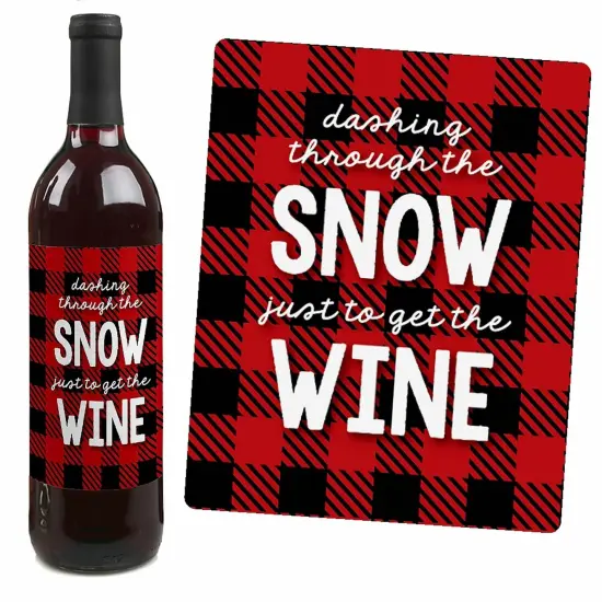 Big Dot of Happiness Prancing Plaid - Christmas and Holiday Buffalo Plaid Party Decorations for Women and Men - Wine Bottle Label Stickers - Set of 4 {5}