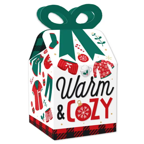 Big Dot of Happiness Christmas Pajamas - Square Favor Gift Boxes - Holiday Plaid PJ Party Bow Boxes - Set of 12 {1}