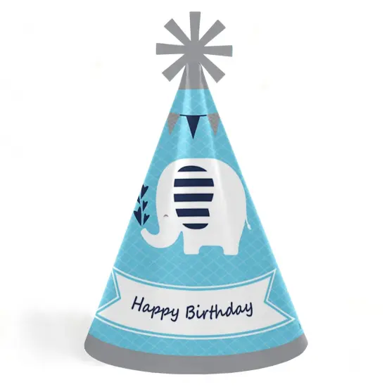 Big Dot of Happiness Blue Elephant - Cone Happy Birthday Party Hats for Kids and Adults - Set of 8 (Standard Size) {1}