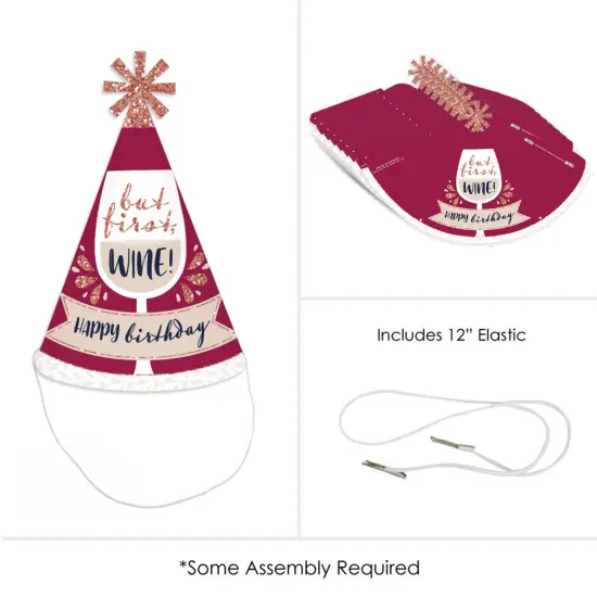 Big Dot of Happiness But First, Wine - Cone Happy Birthday Party Hats for Kids and Adults - Set of 8 (Standard Size) {6}