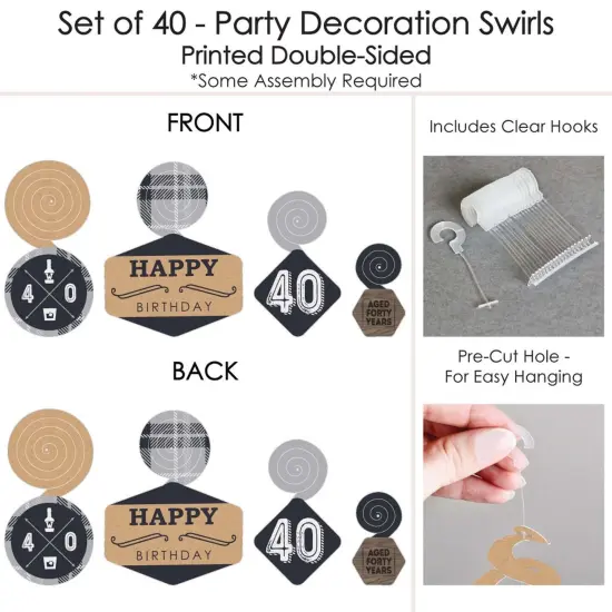 Big Dot of Happiness 40th Milestone Birthday - Birthday Party Hanging Decor - Party Decoration Swirls - Set of 40 {7}
