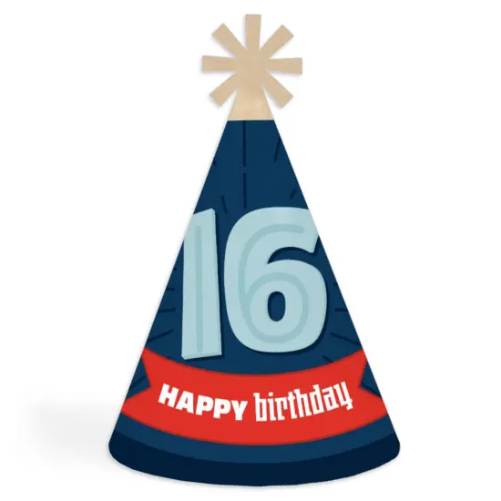 Big Dot of Happiness Boy 16th Birthday - Cone Happy Birthday Party Hats for Adults - Set of 8 (Standard Size) {1}