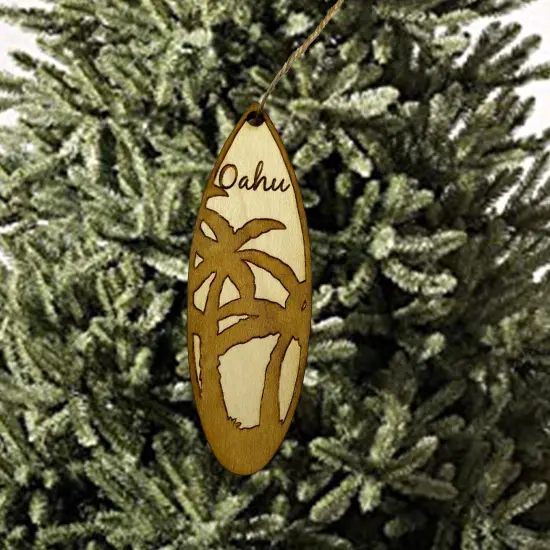 Ornament - Oahu Palm Tree Surfboard - Raw Wood Maple {4}
