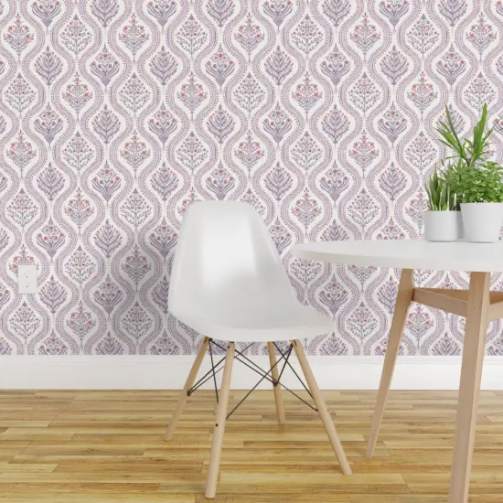 Pre-Pasted Wallpaper 2FT Wide Botanical Damask Elegant Garden Lilac Burnt Red Medium Scale Grandmillenial Ogee Custom Pre-pasted Wallpaper by Spoonflower {1}