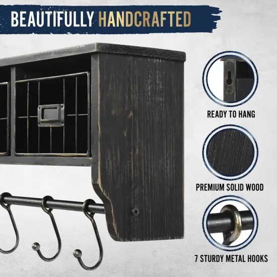 HBCY Creations Rustic Coat Rack Wall Mounted Shelf with Hooks & Baskets, Entryway Organizer Wall Shelf with 5 Coat Hooks and Cubbies Black Wash {3}