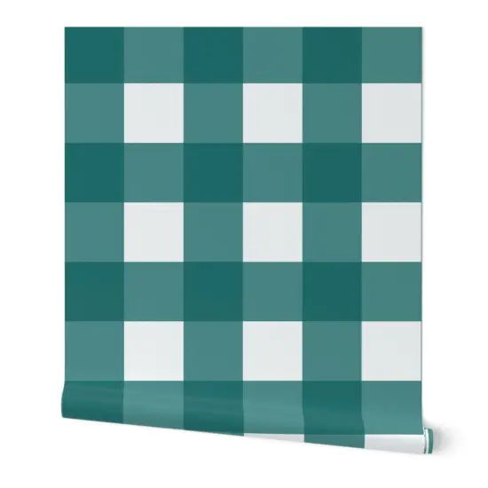 Peel & Stick Wallpaper 2FT Wide Teal Buffalo Check Large Scale Plaid Rustic Gingham Cabin Custom Removable Wallpaper by Spoonflower {7}