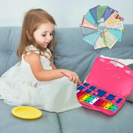 Portable Kids Glockenspiel Chromatic Metal Xylophone with 25 Tunes and 15 Rainbow Color Notes with 2 Full Octaves Pink {2}