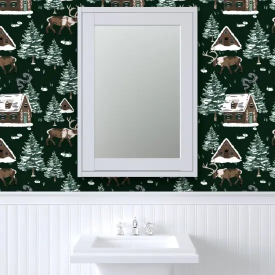 Peel & Stick Wallpaper 2FT Wide Green Cabin Winter Wonderland Christmas Reindeer Forest Cottage Snowy Alpine Holiday Cozy Chalets Custom Removable Wallpaper by Spoonflower {6}