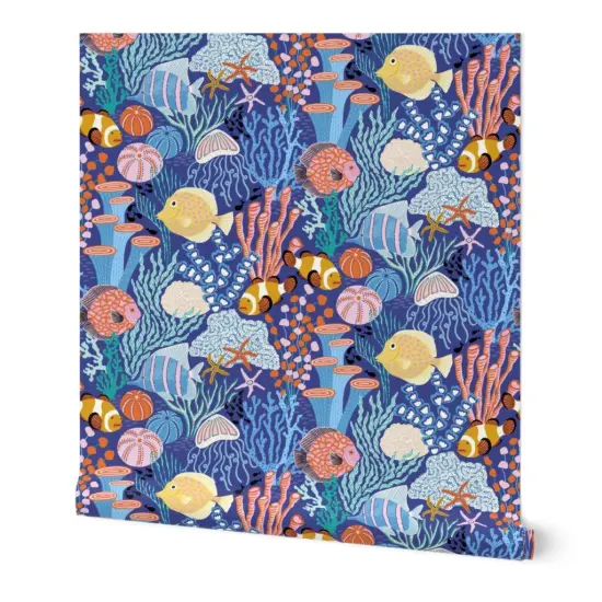 Peel & Stick Wallpaper 2FT Wide Coral Reef Blue Colorful Tropical Under The Sea Coastal Custom Removable Wallpaper by Spoonflower {7}
