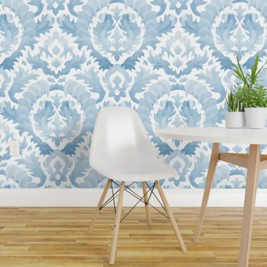 Peel & Stick Wallpaper 2FT Wide Watercolor Damask Botanical Floral Light Blue Monochrome Classic Baroque Acanthus Leaf Custom Removable Wallpaper by Spoonflower {1}