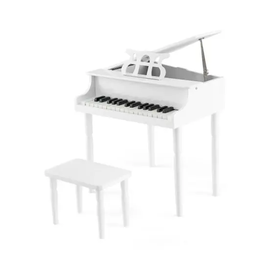 30-Key Wood Toy Kids Grand Piano with Bench and Music Rack White {1}
