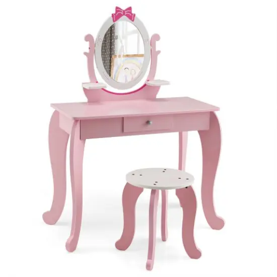 Kid Vanity Table Stool Set with Oval Rotatable Mirror-Pink {1}