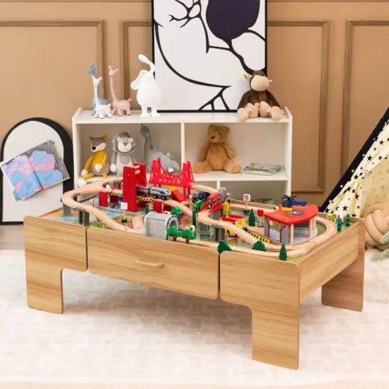 Kids Double-Sided Wooden Train Table Playset with Storage Drawer {6}