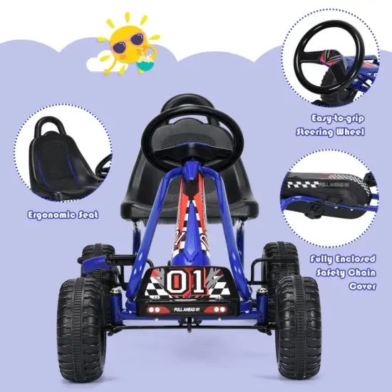 Iron Pedal Powered Ride On Car Go Kart for Kids with Adjustable Seat Blue {5}