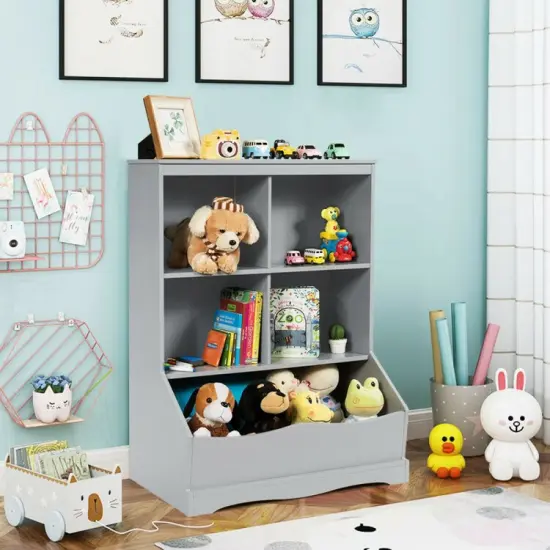 3-Tier Children's Multi-Functional Bookcase Toy Storage Bin Floor Cabinet Grey {6}