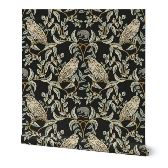 Peel & Stick Wallpaper 2FT Wide Little Owl Damask William Morris Farmhouse Arts And Crafts Birds Of Prey Soft Green Transitional Climbing Vines Custom Removable Wallpaper by Spoonflower {7}