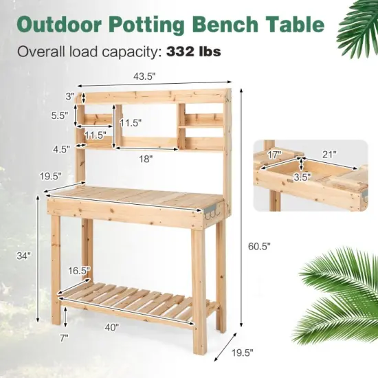Large Garden Potting Bench Table with Display Rack and Hidden Sink-Natural {3}