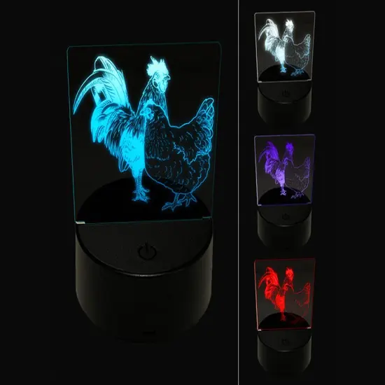 Rooster and Hen Chicken Couple 3D Illusion LED Night Light Sign Nightstand Desk Lamp {1}