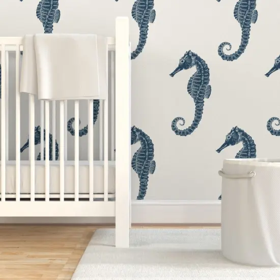 Pre-Pasted Wallpaper 2FT Wide Coastal Seahorse Beach Sealife Sea Ocean Nautical Blue Cream Maritime Xl Scale Custom Pre-pasted Wallpaper by Spoonflower {7}