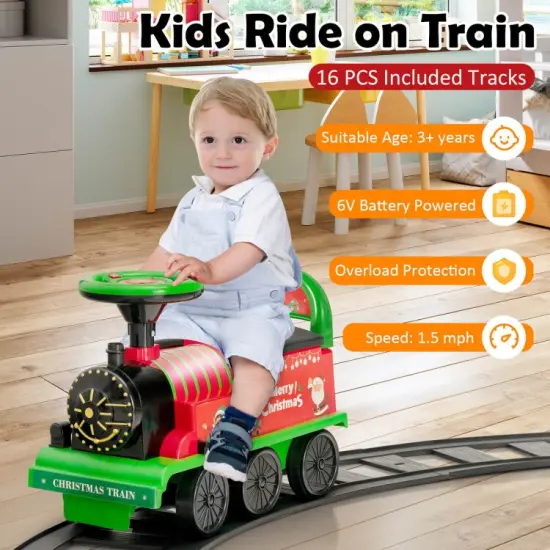 6V Electric Kids Ride On Train with 16 Pieces Tracks Green {5}