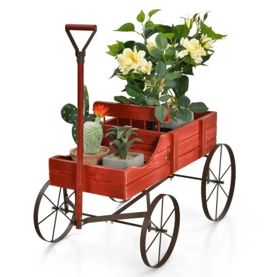 Rustic Wooden Wagon Planter with Metal Wheels Small Garden Cart for Flowers Outdoor Decor Red {7}