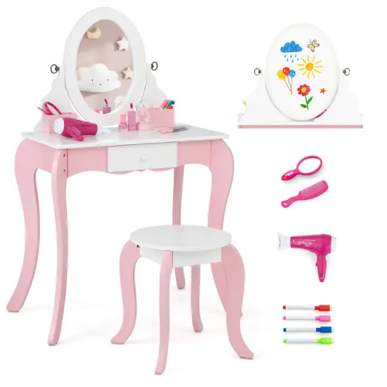 Pretend Kids Vanity Set Makeup Dressing Table with 360&deg; Rotatable Mirror {1}