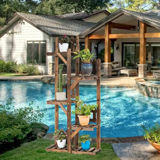 5-Tier Flower Rack Wood Plant Stand with 6 Pots Display Shelf {4}