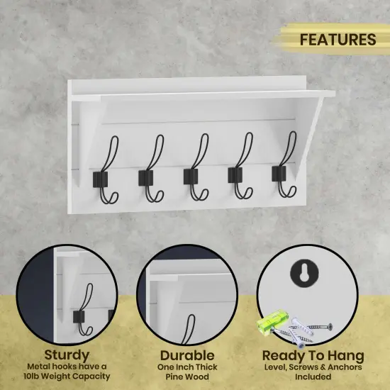 HBCY Creations Rustic Wall Mounted Coat Rack Shelf - Wooden Country Style 24" Entryway Shelf with Hooks - Solid Pine Wood - For Entryway, Kitchen, Bathroom Solid White {2}