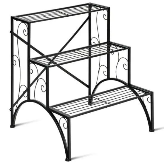 3-Tier Metal Plant Rack Garden Shelf in Stair Style {1}