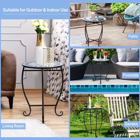 Steel Mosaic Round Accent Table for Patio Lawn Garden Blue {3}